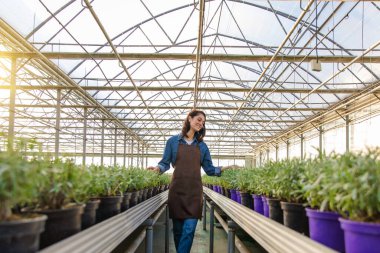 Bir serada çalışıyorum. Çiçeklerin yakınındaki bir serada duran güzel beyaz bir kadın.