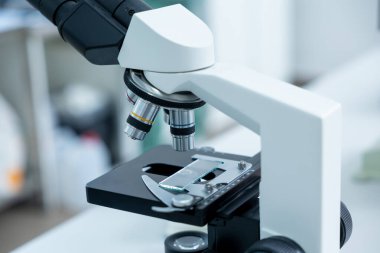 Numuneleri incelemek ve ilaçları test etmek için laboratuvarda uzman bilim adamları optik ekipmanlar