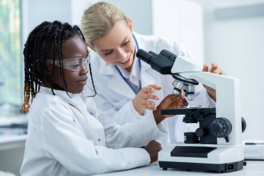 Bilimsel deney. Öğretmen ve bir öğrenci okul bilim laboratuarında çalışıyor.