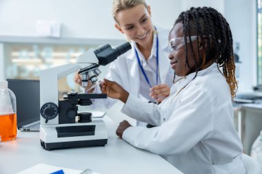 Bilimsel deney. Öğretmen ve bir öğrenci okul bilim laboratuarında çalışıyor.