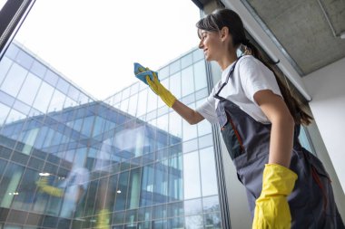 Pencere temizliği. Ofisin pencerelerini temizleyen koyu renk saçlı genç bayan.
