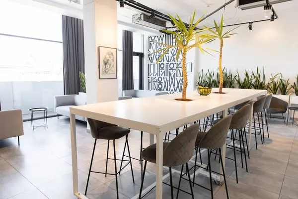 Modern ofis. Modern mobilyaları ve tasarımı olan bir ofis binasının resmi