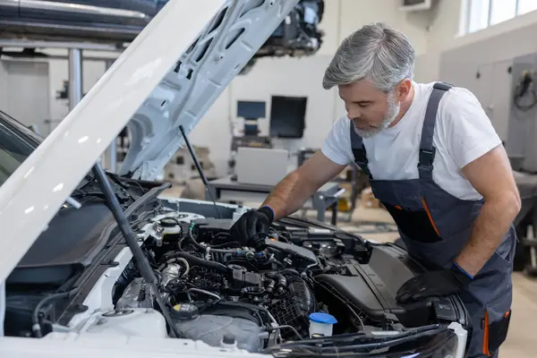 Motor yağı seviyesini otomatik tamir atölyesinde kaput açık dipstick ile kontrol eden tamirci