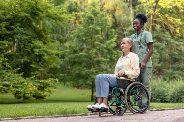 İyileşme. Afrikalı Amerikalı hemşire, parkta tekerlekli sandalyeyle kadın hasta gezdiriyor.