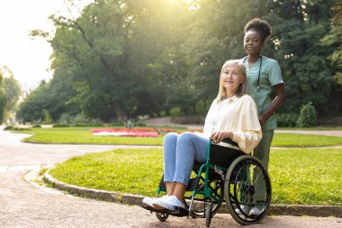 Parkta yürü. Afrikalı Amerikalı hemşire, parkta kadın bir hastayla tekerlekli sandalyeyi yuvarlıyor.