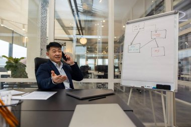 Telefon var. Asyalı genç müdürün telefonu var. Meşgul ve ilgili görünüyor.