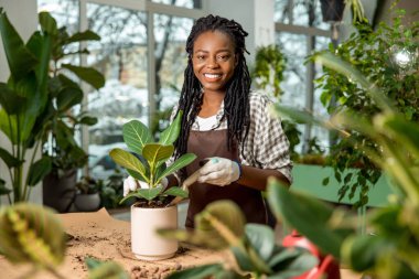 Çiçekçi iş başında. Çiçekçide çiçekçiyle çalışan genç bir bayan çiçekçi.