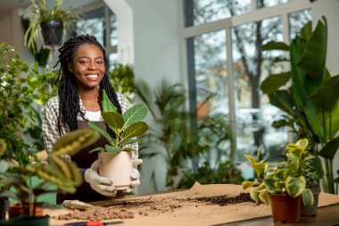 Çiçekçi iş başında. Çiçekçide çiçekçiyle çalışan genç bir bayan çiçekçi.