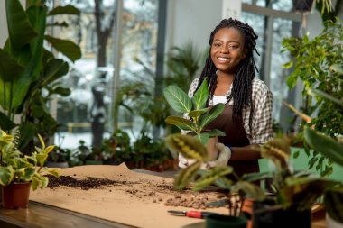 Çiçekçi asistanı. Önlüklü tatlı Afro-Amerikalı kadın masanın başında bitkilerle duruyor.