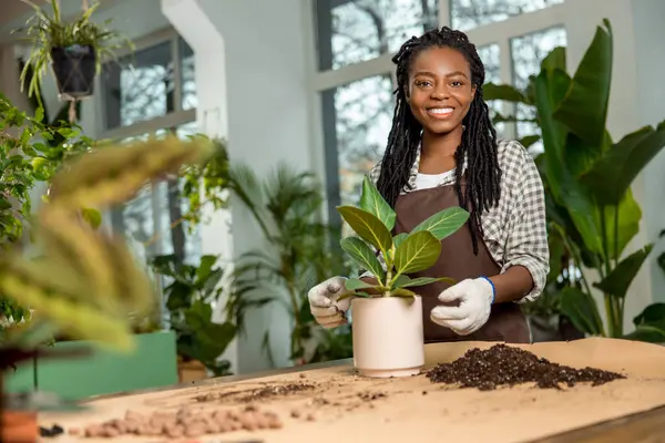 Çiçekçi. Memnun ve eğlenen genç bir kadın çiçek ekiyor ve meşgul görünüyor.