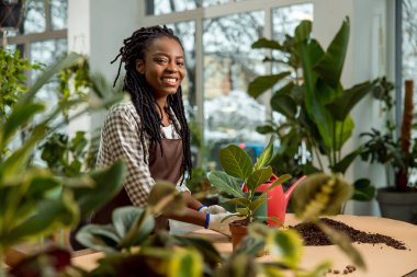 Çiçek ekme. Gülümseyen genç bir kadın. Rasta kaplamalı çiçekler ve ilgili görünüyor.