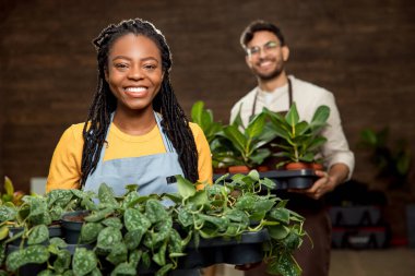 Çiçekçi. Çiçekçide saksı saksısı tutan iki meslektaş halinden memnun ve keyifli görünüyorlar.