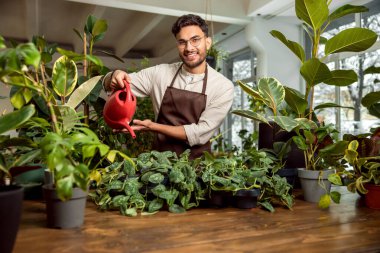 Çiçekçide çalışıyorum. Gülümseyen genç adam, aşağıdaki dükkânda mutlu ve mutlu görünüyor.