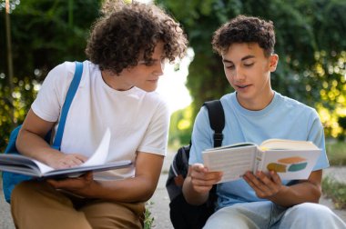 Derslere hazırlanıyorum. Parkta oturup birlikte ders çalışan iki genç.