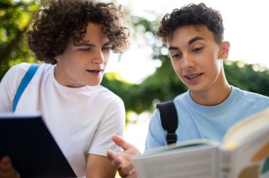 Derslere hazırlanıyorum. Parkta oturup birlikte ders çalışan iki genç.