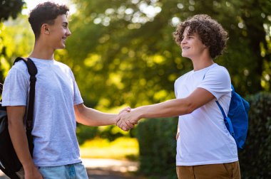 Arkadaşlık. İki arkadaş buluşuyor, el sıkışıyorlar ve mutlu görünüyorlar.