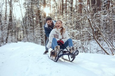 Kızak. Genç mutlu coupe bir kızakta oturuyor ve heyecanlanıyor.