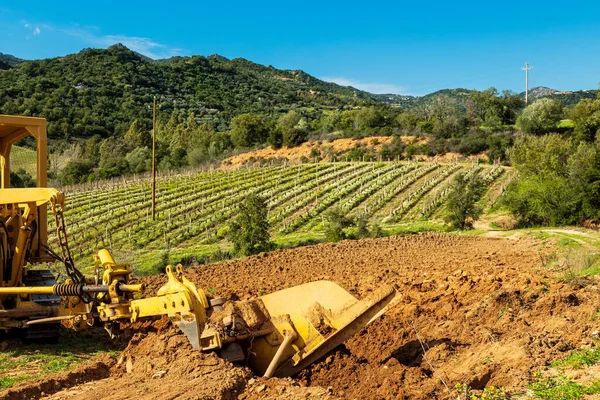 Farmář Obdělává Půdu Těžkým Traktorem Pro Výsadbu Nové Vinice Zemědělský — Stock fotografie
