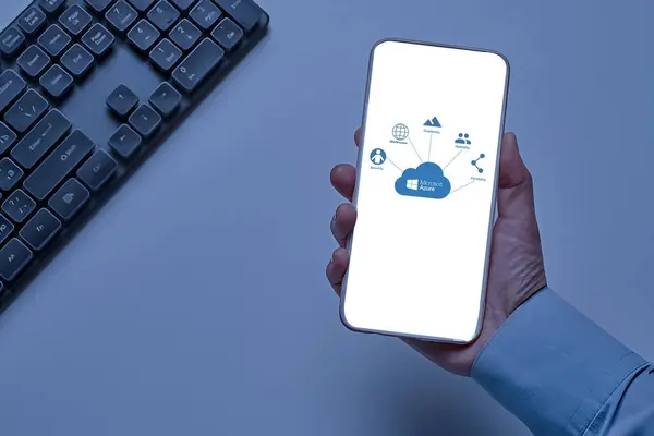 stock image Microsoft Azure is a reliable platform that ensures data integrity and provides a wealth of different services for analyzing, computing, and working with them 24x7