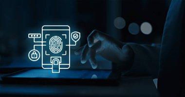 El, biyometrik ikon parmak izleri, asma kilitler ve ağ nodesform güvenli bir kimlik, konum ve dijital alan güven takımyıldızı, parlayan bir tablet doğru uzanır