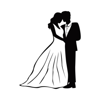 Gelin ve damat silueti. Düğün çifti simgesi, imza ve sembol.