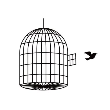 Kuş kafes tasarımından uçar. özgürlük kavramı, işaret ve sembol.