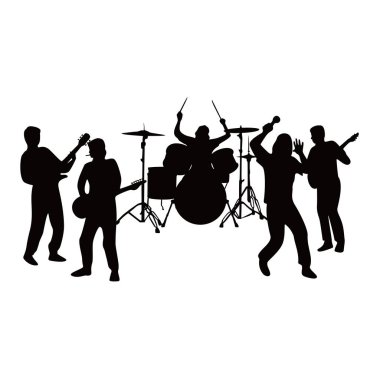 Grup bandı siluet tasarımı. müzik konseri vektör illüstrasyonu.