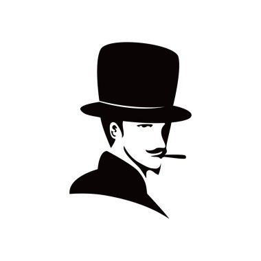 Beyefendi logo şablonu tasarımı. Şapka simgesi, işareti ve sembolü olan adam.