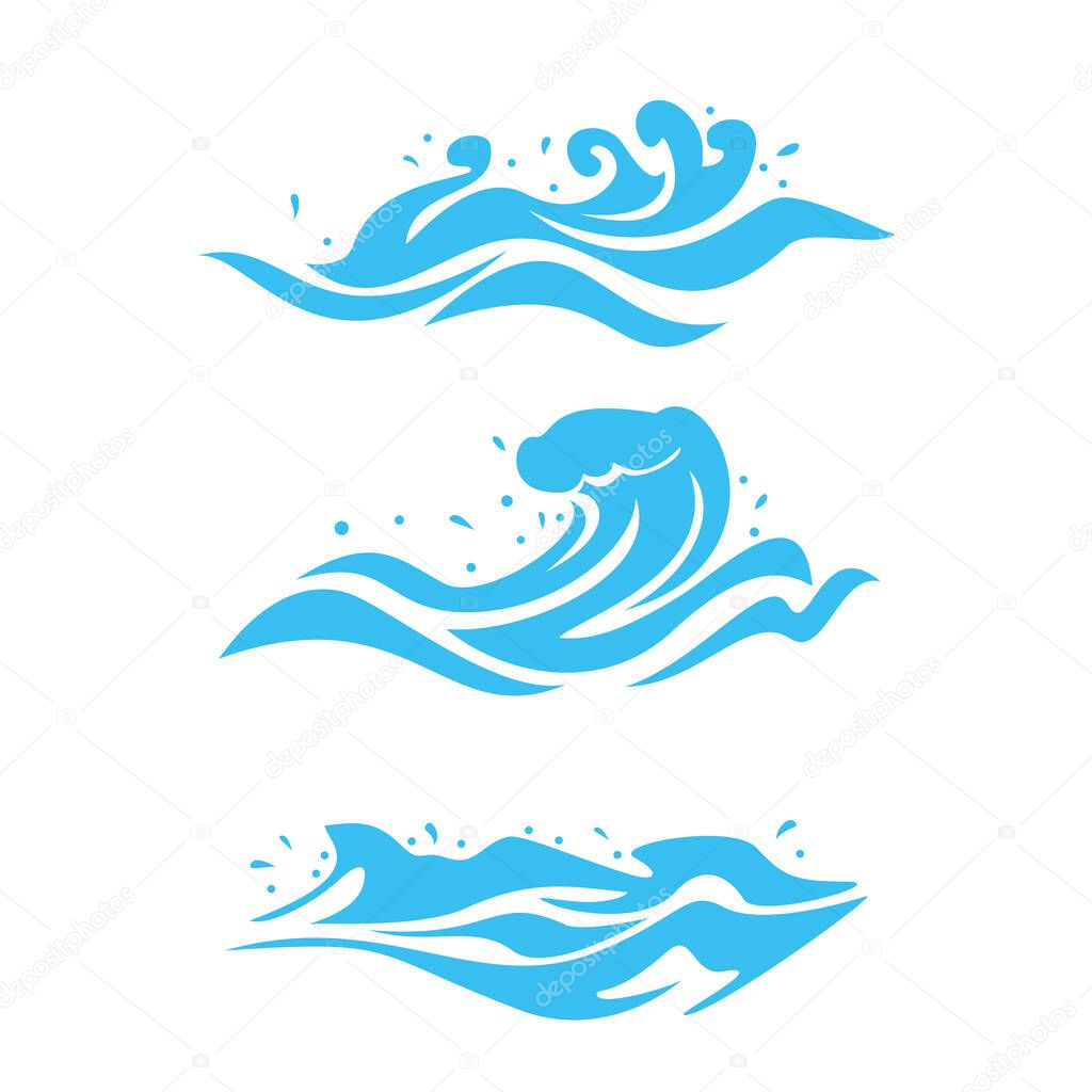 Set of blue ocean wave design. river flow sign and symbol.