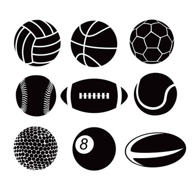 Çeşitli spor topu tasarımı setleri. spor malzemeleri, imza ve sembol.