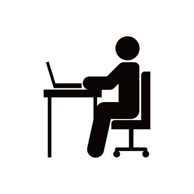 Ofiste çalışmak için dizüstü bilgisayarın önündeki adam ikonu. İşadamı imzası ve sembolü.