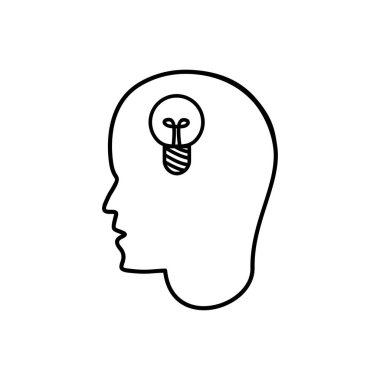 Çizgi başı ve ampul. Beyin fırtınası konsepti.