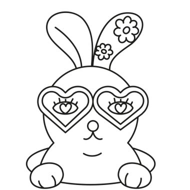 Kalp şeklinde gözlüklü ve dekoratif kulaklı havalı Paskalya tavşanı. Çizgi biçimi ile