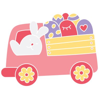 Renkli Paskalya yumurtası taşıyan havalı Paskalya tavşanı kamyonu. karalama düz renk tarzında