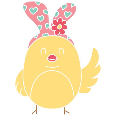 Havalı Paskalya karikatür kuşu. Kalpli neşeli bir tavşan şapkası takıyor. karalama düz renk tarzında