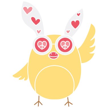 Kalp şeklinde gözlüklü ve tavşan kulaklı hoş, sarı baykuş. karalama düz renk tarzında