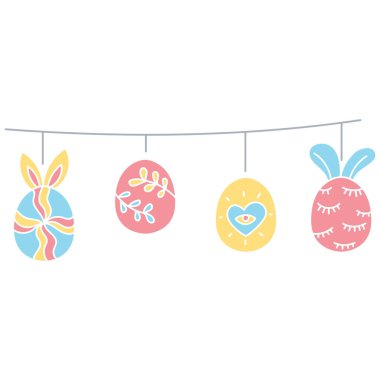 Boho moda Paskalya Renkli dekoratif desenli Paskalya yumurtaları asıyor. karalama düz renk tarzında