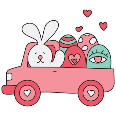 Renkli Paskalya yumurtası ve kalp taşıyan pembe bir kamyonda boho groovy paskalya tavşanı. karalama renk çizgisi biçiminde
