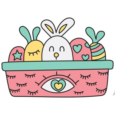 Boho enfes Paskalya sepeti ve süslü yumurtalar. karalama renk çizgisi biçiminde