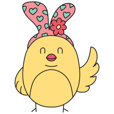 Renkli tavşan saç bandı takan havalı Paskalya sarısı tatlı piliç. karalama renk çizgisi biçiminde