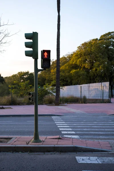 Red traffic light for pedestrians in a city without traffic