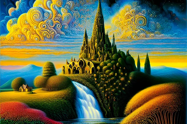 3d illustration of a fantasy alien with a river and mountains
