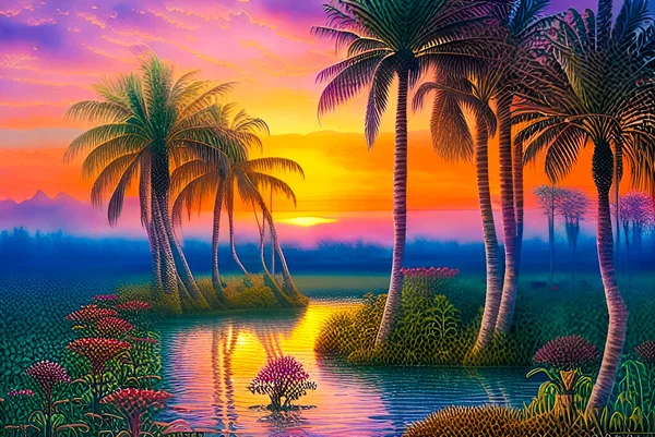 tropical sunset with palm trees and palms