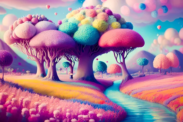 fantasy landscape with colorful flowers and plants