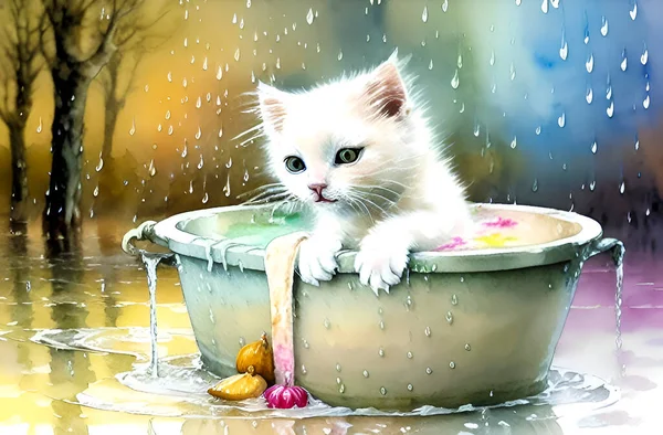 cute cat in the water with a bucket