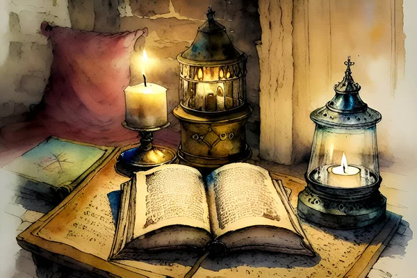 old book with a candle and a burning candles