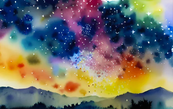 Abstract watercolor background with stars and sparkles. Hand-drawn illustration.