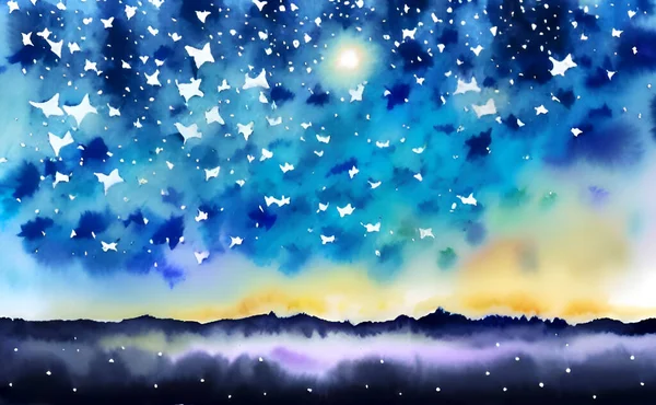 Abstract watercolor background with stars and sparkles. Hand-drawn illustration.