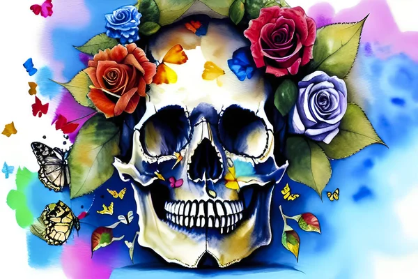 skull with roses and leaves of dead