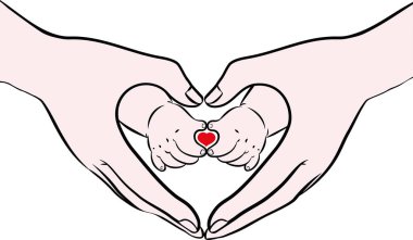 Vector illustration of adult and baby hand making heart gesture or shape, Mothers day, Fathers day clipart